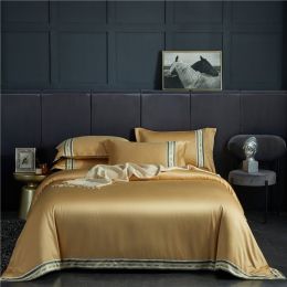 Four-piece Set Of Washed Silk Satin Striped Sheets, Solid Color Ice Silk Jane Ou Silk Slippery Bed Linen (Color: Golden, size: 1.2m)