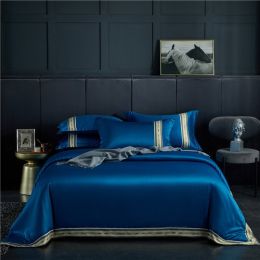 Four-piece Set Of Washed Silk Satin Striped Sheets, Solid Color Ice Silk Jane Ou Silk Slippery Bed Linen (Color: Blue, size: 1.8m)