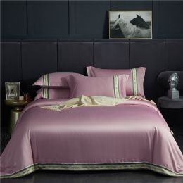 Four-piece Set Of Washed Silk Satin Striped Sheets, Solid Color Ice Silk Jane Ou Silk Slippery Bed Linen (Color: Purple, size: 1.8m)