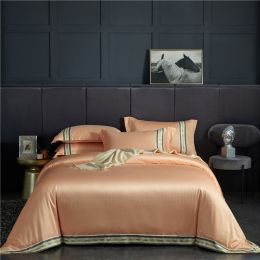 Four-piece Set Of Washed Silk Satin Striped Sheets, Solid Color Ice Silk Jane Ou Silk Slippery Bed Linen (Color: Apricot, size: 1.8m)