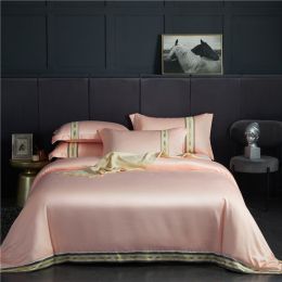 Four-piece Set Of Washed Silk Satin Striped Sheets, Solid Color Ice Silk Jane Ou Silk Slippery Bed Linen (Color: Pink, size: 1.8m to 2.0m)