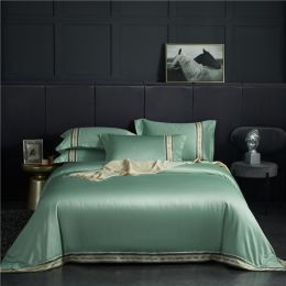 Four-piece Set Of Washed Silk Satin Striped Sheets, Solid Color Ice Silk Jane Ou Silk Slippery Bed Linen (Color: Green, size: 1.2m)