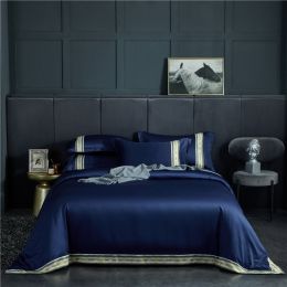 Four-piece Set Of Washed Silk Satin Striped Sheets, Solid Color Ice Silk Jane Ou Silk Slippery Bed Linen (Color: Dark Blue, size: 1.8m)
