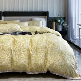 Lenzing Tencel Four-piece Double-sided Ice Silk Duvet Cover Texture American Light Luxury Silky Bedding (Color: Yellow, size: D)