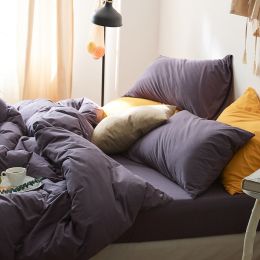 All Cotton Pure Color Denim Four Piece Soft Pure Cotton Quilt Cover 1.8 Bed Sheet And Fitted Sheet Knitted Cotton Bedding (Color: Purple Sweet Potato YT, style-Bedding Size: Bed linen-150X200 threepiece suit)