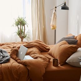 All Cotton Pure Color Denim Four Piece Soft Pure Cotton Quilt Cover 1.8 Bed Sheet And Fitted Sheet Knitted Cotton Bedding (Color: Apricot, style-Bedding Size: Bed sheet-150X200 threepiece suit)
