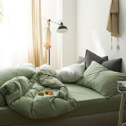 All Cotton Pure Color Denim Four Piece Soft Pure Cotton Quilt Cover 1.8 Bed Sheet And Fitted Sheet Knitted Cotton Bedding (Color: Pumpkin YT, style-Bedding Size: Bed sheet-200X230 fourpiece set X1.5)