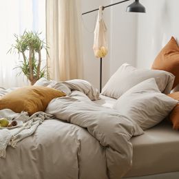 All Cotton Pure Color Denim Four Piece Soft Pure Cotton Quilt Cover 1.8 Bed Sheet And Fitted Sheet Knitted Cotton Bedding (Color: pale pinkish gray, style-Bedding Size: Bed sheet-200X230 fourpiece set)