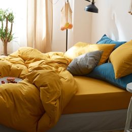 All Cotton Pure Color Denim Four Piece Soft Pure Cotton Quilt Cover 1.8 Bed Sheet And Fitted Sheet Knitted Cotton Bedding (Color: Colored glaze purple YT, style-Bedding Size: Bed sheet-200X230 fourpiece set X1.5)