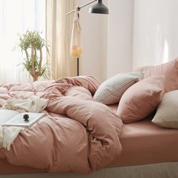 All Cotton Pure Color Denim Four Piece Soft Pure Cotton Quilt Cover 1.8 Bed Sheet And Fitted Sheet Knitted Cotton Bedding (Color: Pink, style-Bedding Size: Bed linen-150X200 threepiece suit)