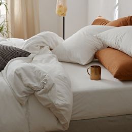 All Cotton Pure Color Denim Four Piece Soft Pure Cotton Quilt Cover 1.8 Bed Sheet And Fitted Sheet Knitted Cotton Bedding (Color: White, style-Bedding Size: Bed sheet-200X230 fourpiece set)