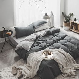 Washed Cotton Two-Piece College Student Four-Piece Set Of Nordic Pure Pigment Color Bedding, Simple Bed Linen, Quilt Cover, Quilt Cover (Color: Graphite Grey, Bedding Size-style: 1.8M 4Pcs set-Bed sheet1)