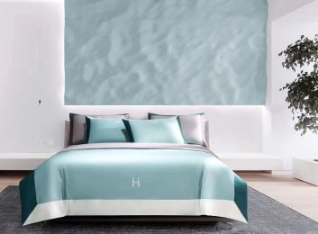 Light Luxury Solid Color 60 Long-Staple Cotton Letter Embroidery Four-Piece Set (Color: Melting Cyan, size: 220 240)