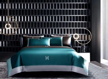 Light Luxury Solid Color 60 Long-Staple Cotton Letter Embroidery Four-Piece Set (Color: Dark Green, size: 220 240)