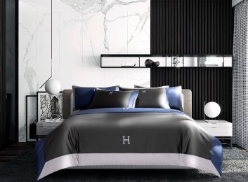 Light Luxury Solid Color 60 Long-Staple Cotton Letter Embroidery Four-Piece Set (Color: Horn Grey, size: 220 240)