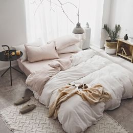 Washed Cotton Two-Piece College Student Four-Piece Set Of Nordic Pure Pigment Color Bedding, Simple Bed Linen, Quilt Cover, Quilt Cover (Color: Pink, Bedding Size-style: 1.8M 4Pcs set-Bed sheet1)