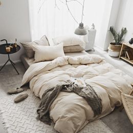 Washed Cotton Two-Piece College Student Four-Piece Set Of Nordic Pure Pigment Color Bedding, Simple Bed Linen, Quilt Cover, Quilt Cover (Color: Khaki, Bedding Size-style: 1.5M 4Pcs set-Bed sheet2)