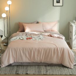 Summer Light Luxury Pure Color Tencel Four-piece Set Simple Ice Silk Cool Feeling Silky Nude Sleeping Quilt Cover Bed Sheet Bedding (Color: D, style-Size: A style-2m)