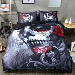 Black Skull Bedding Set Halloween Style Bed Sheet Queen King Double Bed Linen Cotton Blend Flower Skull Duvet Cover Set Homejoy (Style-Quantity: 1-3PCS, size: M)