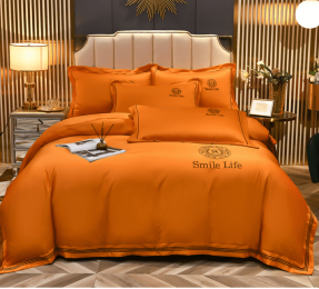 Summer Ice Silk Four-piece Set Silky Nude Sleeping Sheets Quilt Cover Real Silk Satin (Color: Orange Red, style: D)