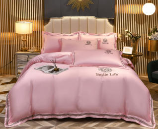 Summer Ice Silk Four-piece Set Silky Nude Sleeping Sheets Quilt Cover Real Silk Satin (Color: Pink, style: F)