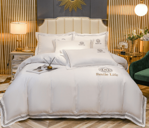 Summer Ice Silk Four-piece Set Silky Nude Sleeping Sheets Quilt Cover Real Silk Satin (Color: White, style: F)
