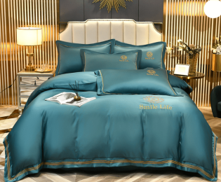 Summer Ice Silk Four-piece Set Silky Nude Sleeping Sheets Quilt Cover Real Silk Satin (Color: Forest Green, style: B)