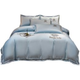 Summer Ice Silk Four-piece Set Silky Nude Sleeping Sheets Quilt Cover Real Silk Satin (Color: Blue, style: F)