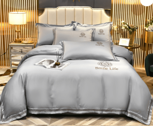 Summer Ice Silk Four-piece Set Silky Nude Sleeping Sheets Quilt Cover Real Silk Satin (Color: Silver, style: A)