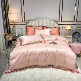 Summer Ice Silk Four Piece Set Maiden''s Heart Princess Bed Sheet Silk Quilt Cover European Style Silk Smooth Naked Quilt Bedding (Color: Mingyu, Bedding Size: 1.5mBed linen)