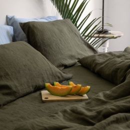 Linen four-piece set Nordic style solid color washed antibacterial bed linen bed sheet quilt cover bedding ins wind three-piece set (Color: Green, style-Bedding Size: C-1.5m)