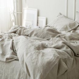 Linen four-piece set Nordic style solid color washed antibacterial bed linen bed sheet quilt cover bedding ins wind three-piece set (Color: Beige, style-Bedding Size: A-1.5m)