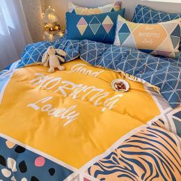 Four-Piece Bedding Set Thick Brushed Washed Cotton Sheets Double Duvet Cover (style: I, Bedding Size: A5)