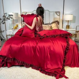 Summer Ice Silk Four Piece Set Maiden''s Heart Princess Bed Sheet Silk Quilt Cover European Style Silk Smooth Naked Quilt Bedding (Color: Red, Bedding Size: 1.5mBed group)
