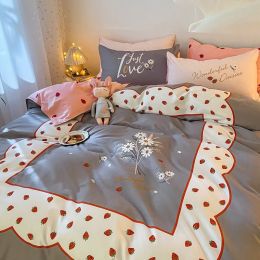 Four-Piece Bedding Set Thick Brushed Washed Cotton Sheets Double Duvet Cover (style: B, Bedding Size: A2)
