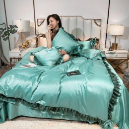 Summer Ice Silk Four Piece Set Maiden''s Heart Princess Bed Sheet Silk Quilt Cover European Style Silk Smooth Naked Quilt Bedding (Color: Water green, Bedding Size: 1.8mBed group)