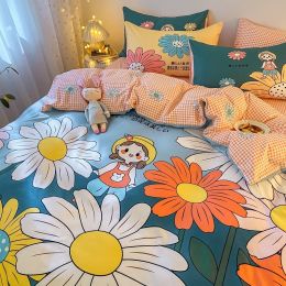 Four-Piece Bedding Set Thick Brushed Washed Cotton Sheets Double Duvet Cover (style: E, Bedding Size: A5)