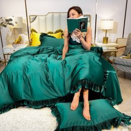 Summer Ice Silk Four Piece Set Maiden''s Heart Princess Bed Sheet Silk Quilt Cover European Style Silk Smooth Naked Quilt Bedding (Color: Dark Green, Bedding Size: 2.0mBed group)