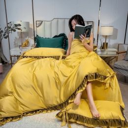 Summer Ice Silk Four Piece Set Maiden''s Heart Princess Bed Sheet Silk Quilt Cover European Style Silk Smooth Naked Quilt Bedding (Color: Yellow, Bedding Size: 1.8mBed group)