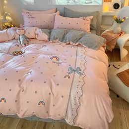 Four-Piece Bedding Set Thick Brushed Washed Cotton Sheets Double Duvet Cover (style: C, Bedding Size: A5)