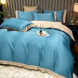 Summer Ice Silk Four-piece Light Luxury Style Nude Bed Sheet Bed Sheet Quilt Cover Nordic Style Ins Silk Bedding (Color: Blue, style: D)