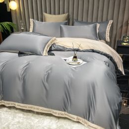 Summer Ice Silk Four-piece Light Luxury Style Nude Bed Sheet Bed Sheet Quilt Cover Nordic Style Ins Silk Bedding (Color: Gray, style: D)