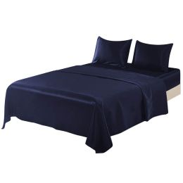 4 Pcs Smooth Satin Silk Sheet Set Deep Pocket Bed Sheet Wrinkle Fade Resistant (Color: Dark Blue, size: king)